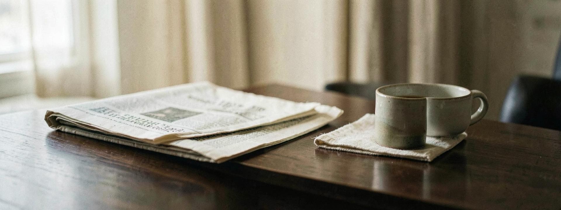 Folded newspaper and a coffee cup on a dark boardroom table