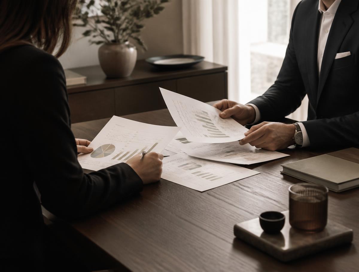 Two advisors reviewing printed performance reports across a conference table